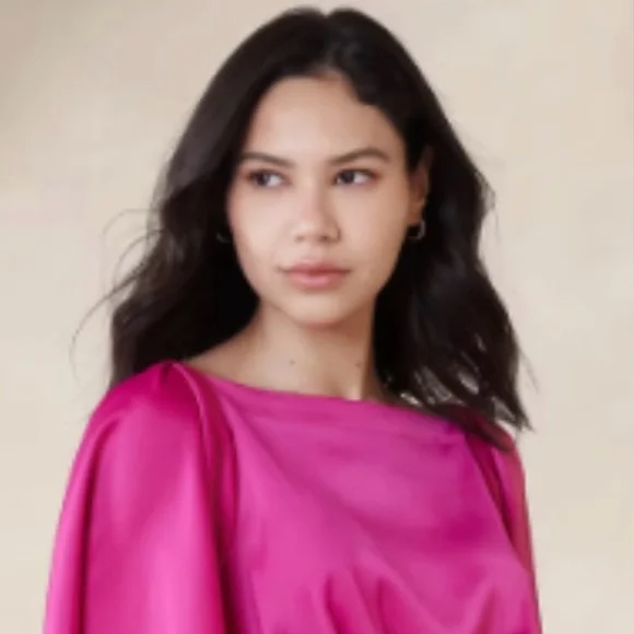 Banana Republic Satin Magenta Midi Dress Elegant Pink Flutter Sleeve Dress - Picture 3 of 13